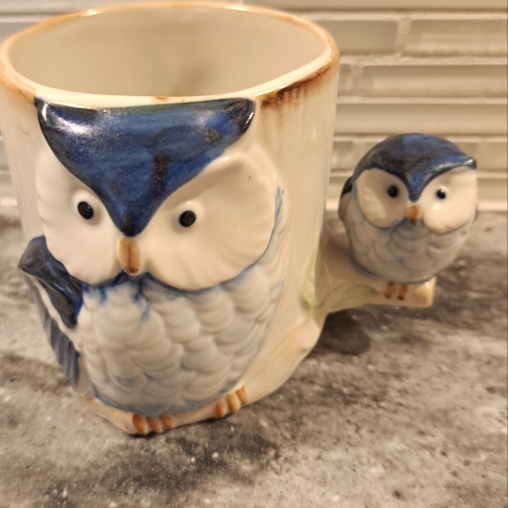 Vtg Take San Francisco Blue Owl in Relief w/Baby Owl Handle Mug